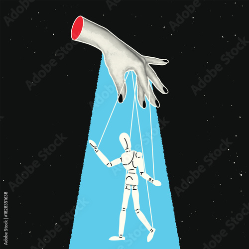 Pop Art Collage Illustration of Vintage Hand Controlling Wooden Mannequin as a Marionette for Manipulation Concepts