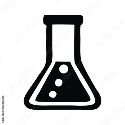 Simple hand-drawn vector icon of a laboratory conical flask with liquid, symbolizing chemistry, scientific research, and education. Clean graphic for science projects
