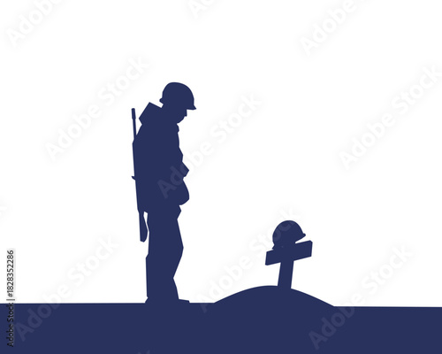 Emotional vector silhouette of a soldier standing before a grave marked with a helmet and rifle. Represents loss, remembrance, sacrifice, and tribute to fallen heroes.