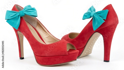 An elegant pair of red leather stiletto high heel shoes for a woman representing glamour and fashion beauty isolated on a black background as a stylish footwear accessory