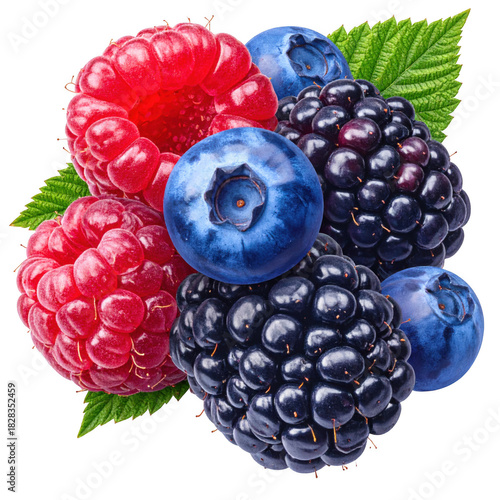 Raspberries, blackberries, and blueberries with leaves isolated on transparent background