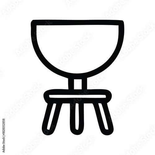 Minimalist hand-drawn outline icon of a contemporary three-legged chair, featuring a unique wide-bowl seat and back, a simple graphic for modern interior design concepts