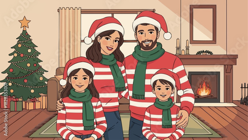 Happy Family Celebrating Christmas Together Wearing Festive Outfits.
