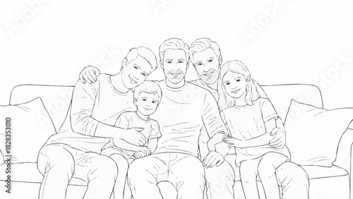 Line art drawing of a smiling family of five sitting together on a couch.