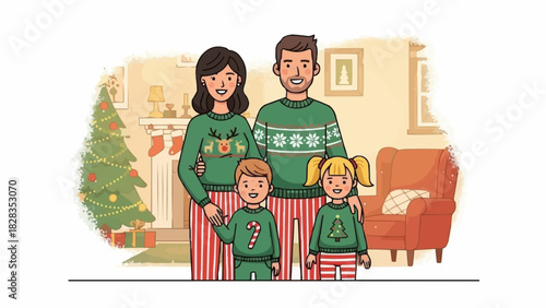 Happy Family Wearing Matching Christmas Pajamas Posing Together.