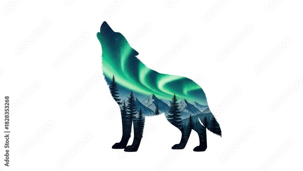 Obraz premium Double Exposure Silhouette of Howling Wolf Combined with Aurora Night Forest