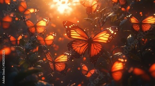 Orange butterflies flit amidst foliage at sunset