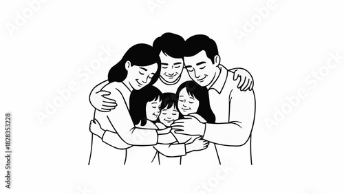 A loving family of five shares a warm embrace.