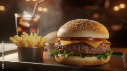 Burger, French Fries, and Iced Cola on a Tray – Cinematic Fast Food Presentation in Warm Lighting