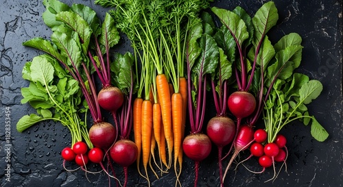 Assortment of Freshly Harvested Root Vegetables with Green Tops
