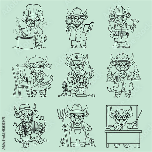 Cute highland cattle characters in professions