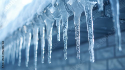 Icicles hanging from eaves on a winter day under blue sky