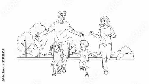 Happy family with two young children walking together outdoors sketch.
