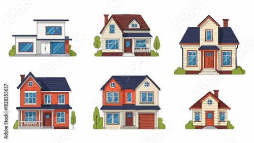 Set of six unique suburban family home vector illustrations.