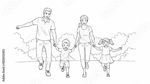 Family Walking Together - A Line Art Illustration of Parents and Children.