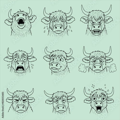 Various cartoon highland cow emotions set