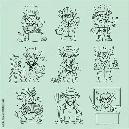 Cute cartoon cows in various professions