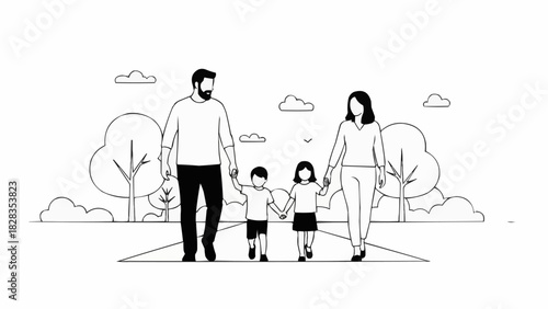 Family walking together holding hands enjoying a sunny day outdoors.