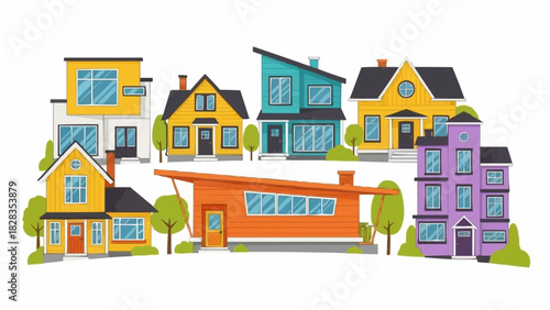 Colorful houses in a row representing various architectural styles and designs.