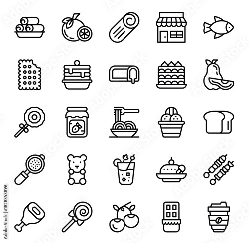 Food, Beverage, and Dessert Line Icon Set. Collection of Bakery, Grocery, and Restaurant Outline Symbols.