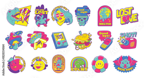 Array of colorful 90s styled stickers with various themes from dinosaurs to a skull