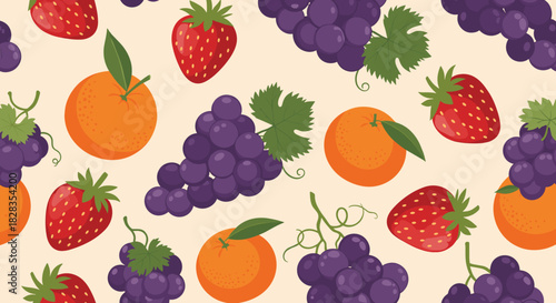 Seamless pattern of colorful cartoon fruits including strawberries, grapes and oranges on a beige background.