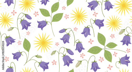 Seamless pattern of bluebell flowers and yellow starburst elements on a white background.