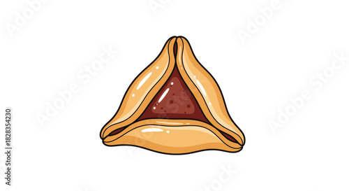 A cartoon illustration of a triangular hamantaschen cookie with a dark filling.
