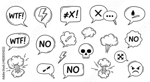 Collection of hand-drawn speech bubbles and comic elements, including text, symbols, and expressive icons.
