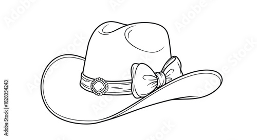 Black and white line drawing of a decorated cowboy hat with a bow and gem.