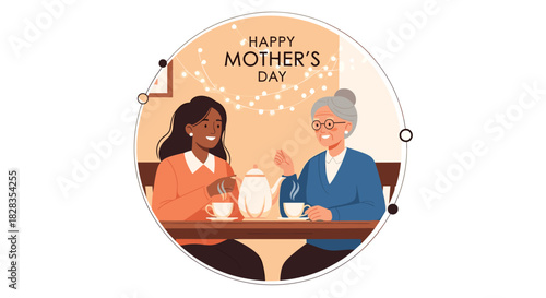 Illustration of two women, a younger woman and an older woman, celebrating mother's day over tea.