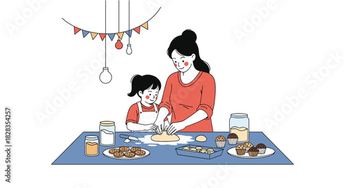 A mother and daughter happily baking together, making cookies and cupcakes in the kitchen.