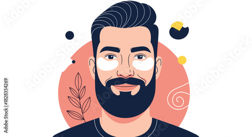 Man with beard and eye patches smiles, with abstract shapes and a plant motif.