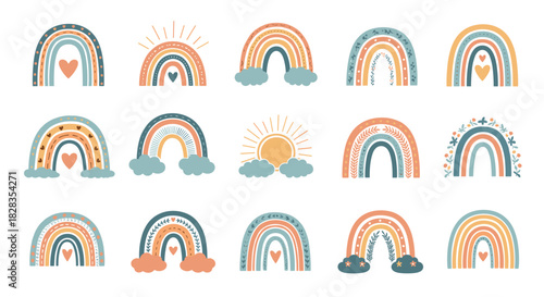 Collection of stylized boho rainbows and suns with hearts and floral accents.