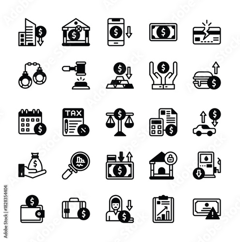 
Financial Crisis, Bankruptcy, and Inflation Solid Icon Set. Collection of Economic Recession, Debt, and Legal Glyph Symbols.