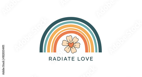 Boho rainbow with flower and text radiate love on a white background.