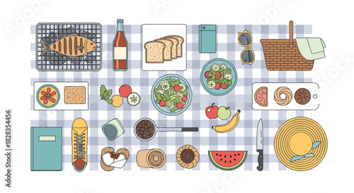 Overhead view of a checkered picnic blanket laid out with various foods and picnic items for an outdoor meal.
