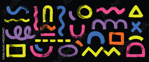 Bright  chaotic arrangement of brushstroke shapes in different colors A busy  abstract design on a black background