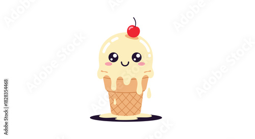 Cute kawaii vanilla ice cream cone with a cherry on top and melting drips.