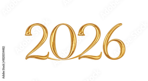 Elegant golden 3d rendering of the year 2026 in a calligraphic font on a white background.