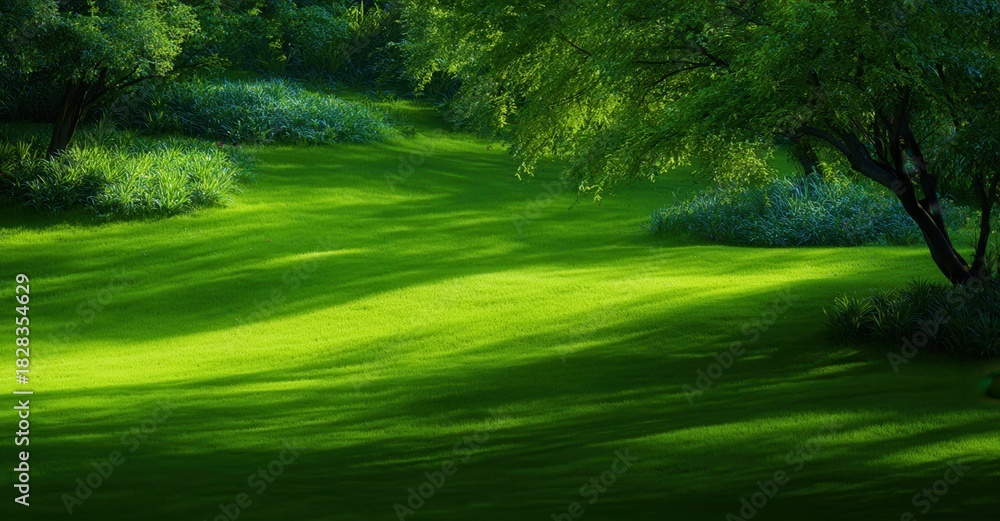 Naklejka premium Enchanted forest with green grass and trees. Peaceful natural landscape with sunlight filtering through leaves creating shadows.