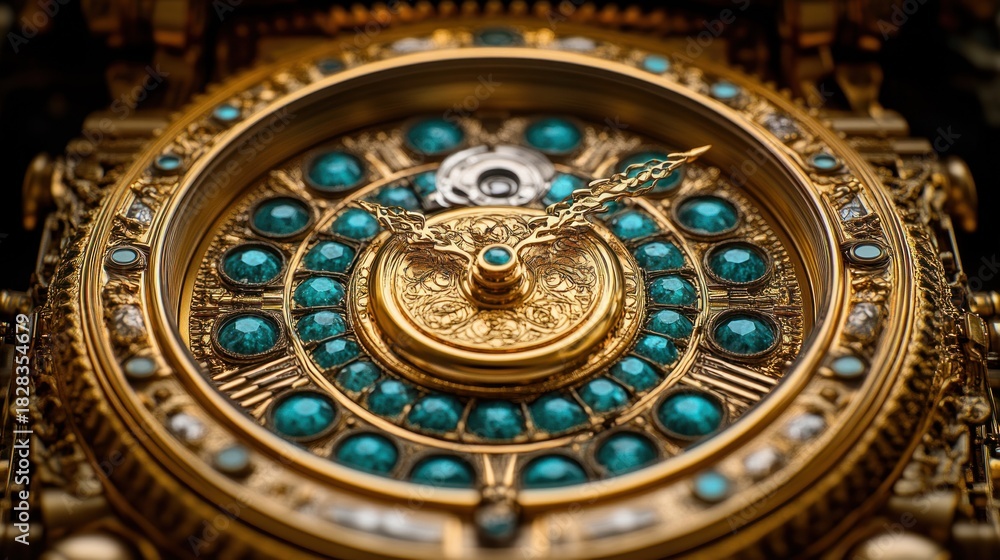 Fototapeta premium Ornate gold clock face with teal gems