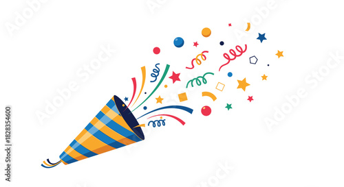 Party popper exploding with colorful confetti, streamers, and stars for celebrations.
