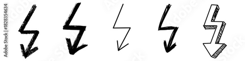 Set Zig Zag Arrow in Different Style Draw Vector Ideal for pointing, emphasizing, and showing dynamic movement in a sketched style. Symbolizes direction, energy, and abrupt change.