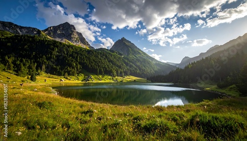 Scenic alpine lake scene framed by mountains and bathed in sunlight