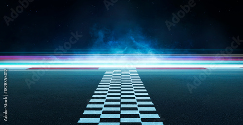 3d rendering racetrack finish line with light trails at night