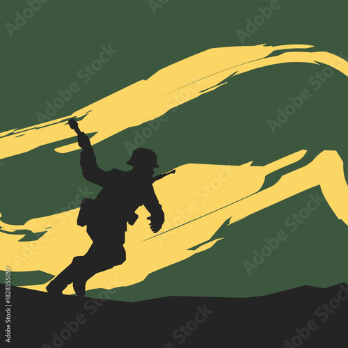 Vintage army WW2 of a ww2 soldier running across a hill with a bright sunset background. Ideal for themes of bravery, mission, action, war scenes, and military campaigns