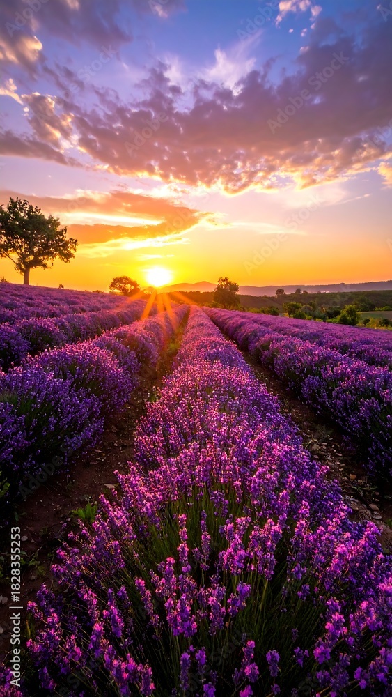 Naklejka premium Rows of purple lavender under a vibrant sunset with radiant sun rays