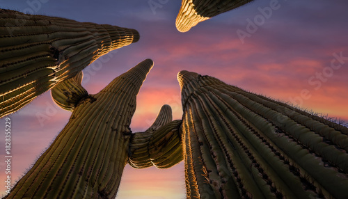 Towering Saguaro Cacti Silhouetted Against a Vibrant Pink and Purple Desert Sunset Sky in Arizona Golden Hour Illumination