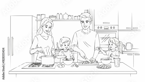 Happy family with two children cooking a meal together in the kitchen.